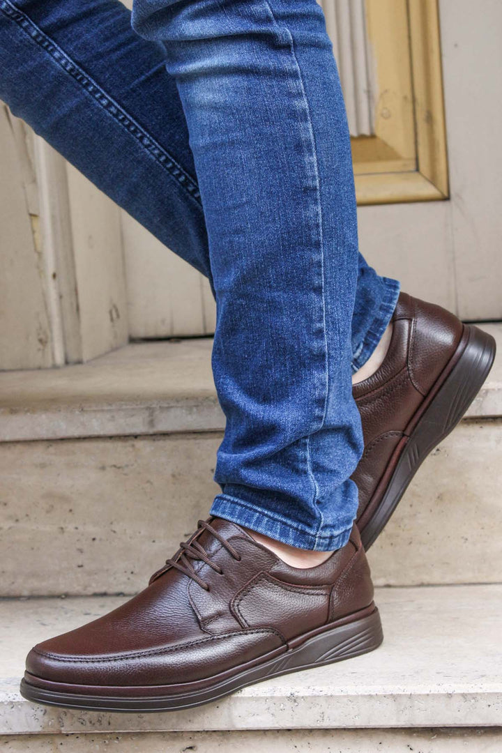 Men's Brown Orthopedic Leather Casual Lace-Up Comfort Shoes - Wessi