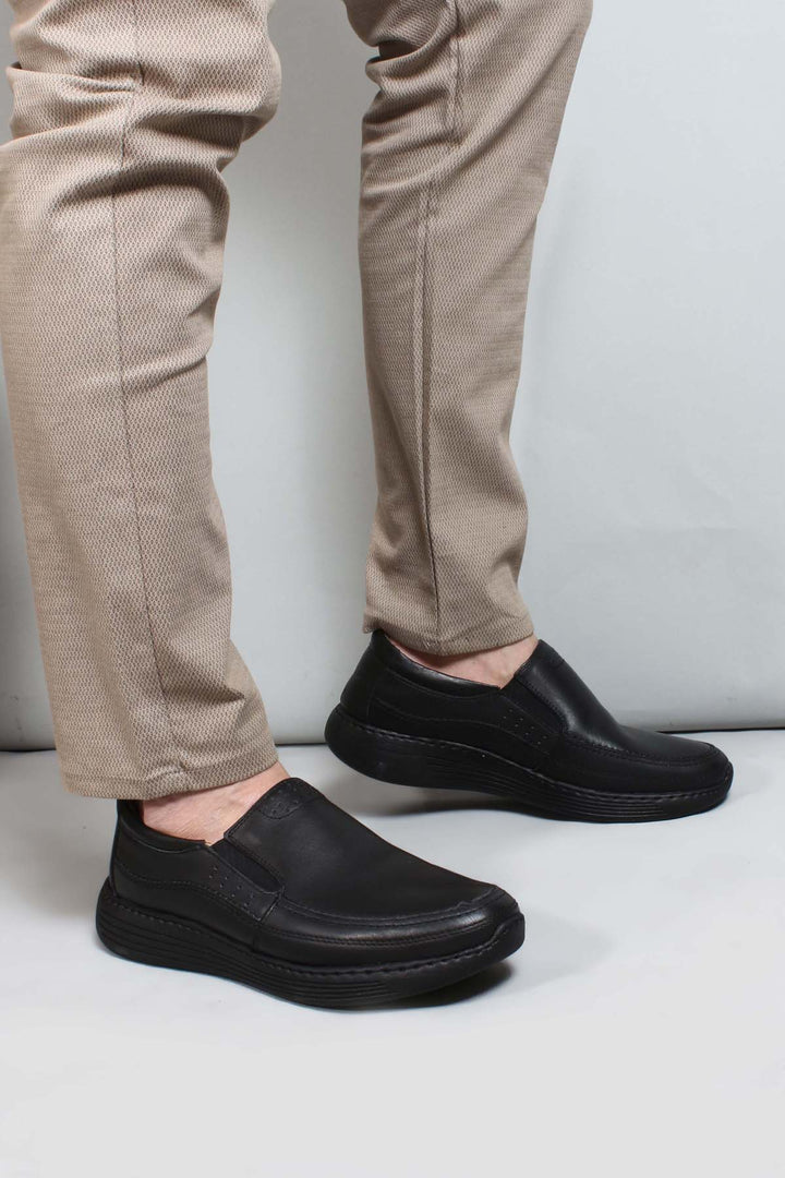 Men's Black Leather Slip-On Shoes-Wessi