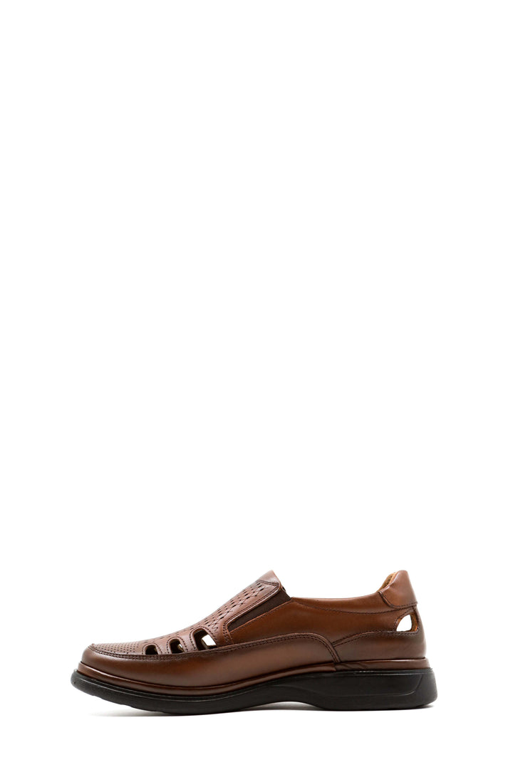 Men's Brown Leather Perforated Slip-On Shoes-Wessi