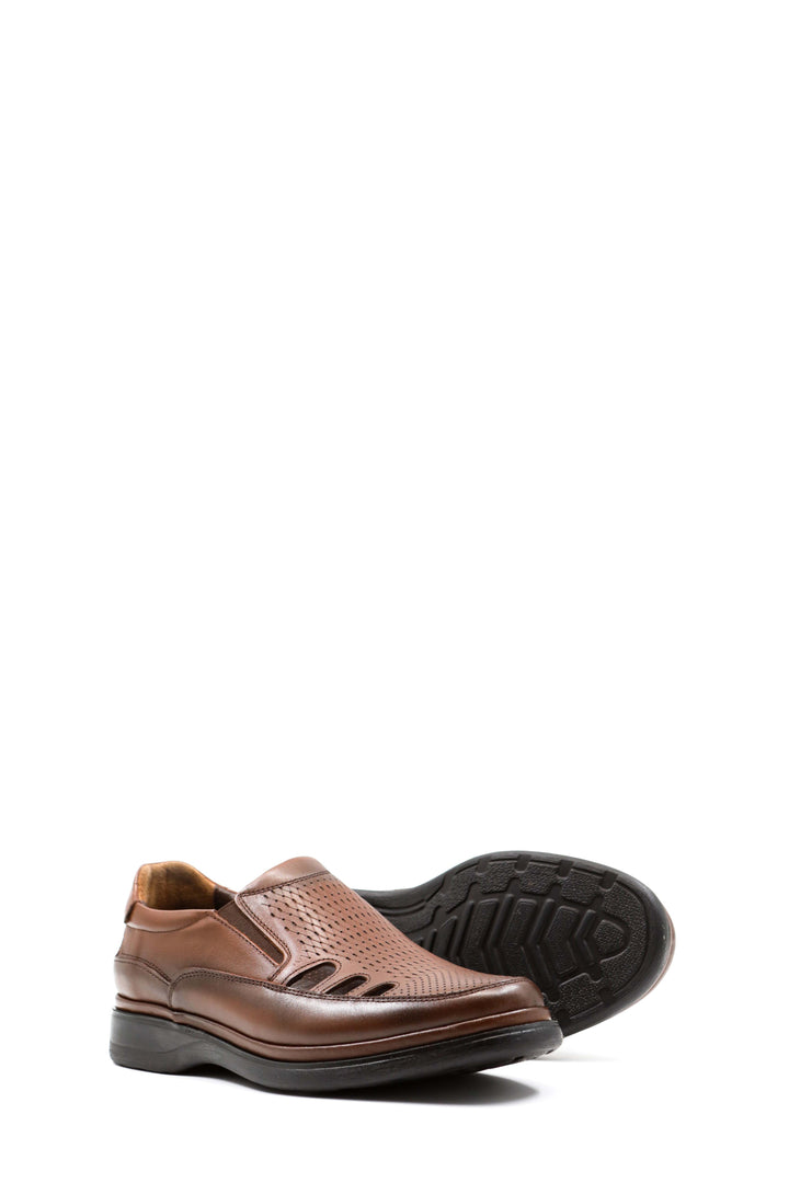 Men's Brown Leather Perforated Slip-On Shoes-Wessi