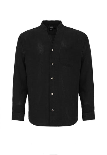 Men's Black Judge Collar Knitted Textured  Shirt - Wessi
