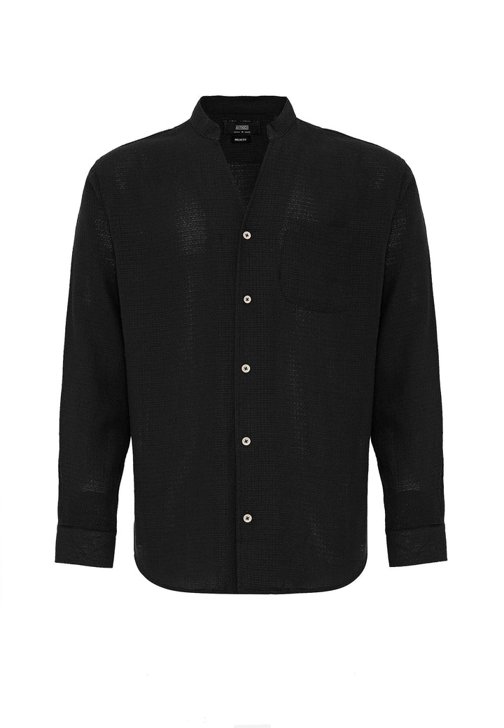 Men's Black Judge Collar Knitted Textured  Shirt - Wessi
