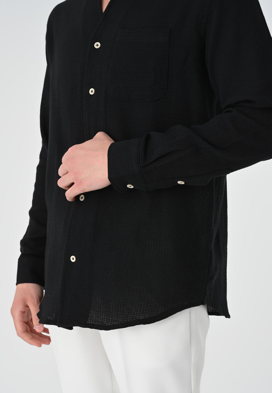 Men's Black Judge Collar Knitted Textured  Shirt - Wessi