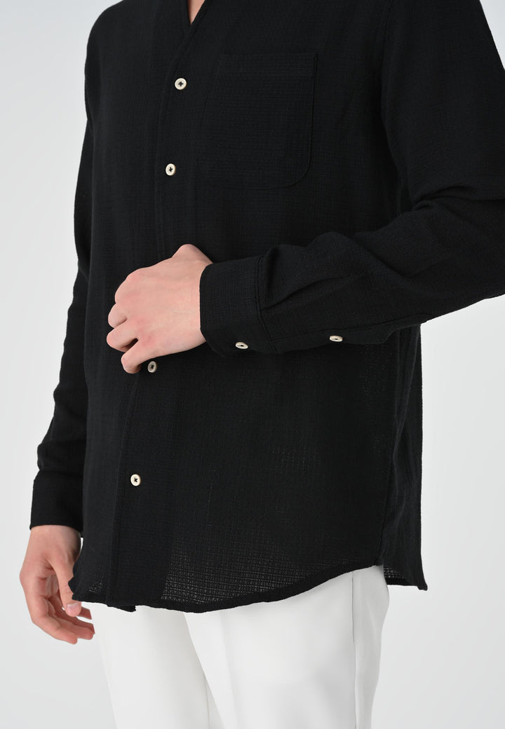 Men's Black Judge Collar Knitted Textured  Shirt - Wessi