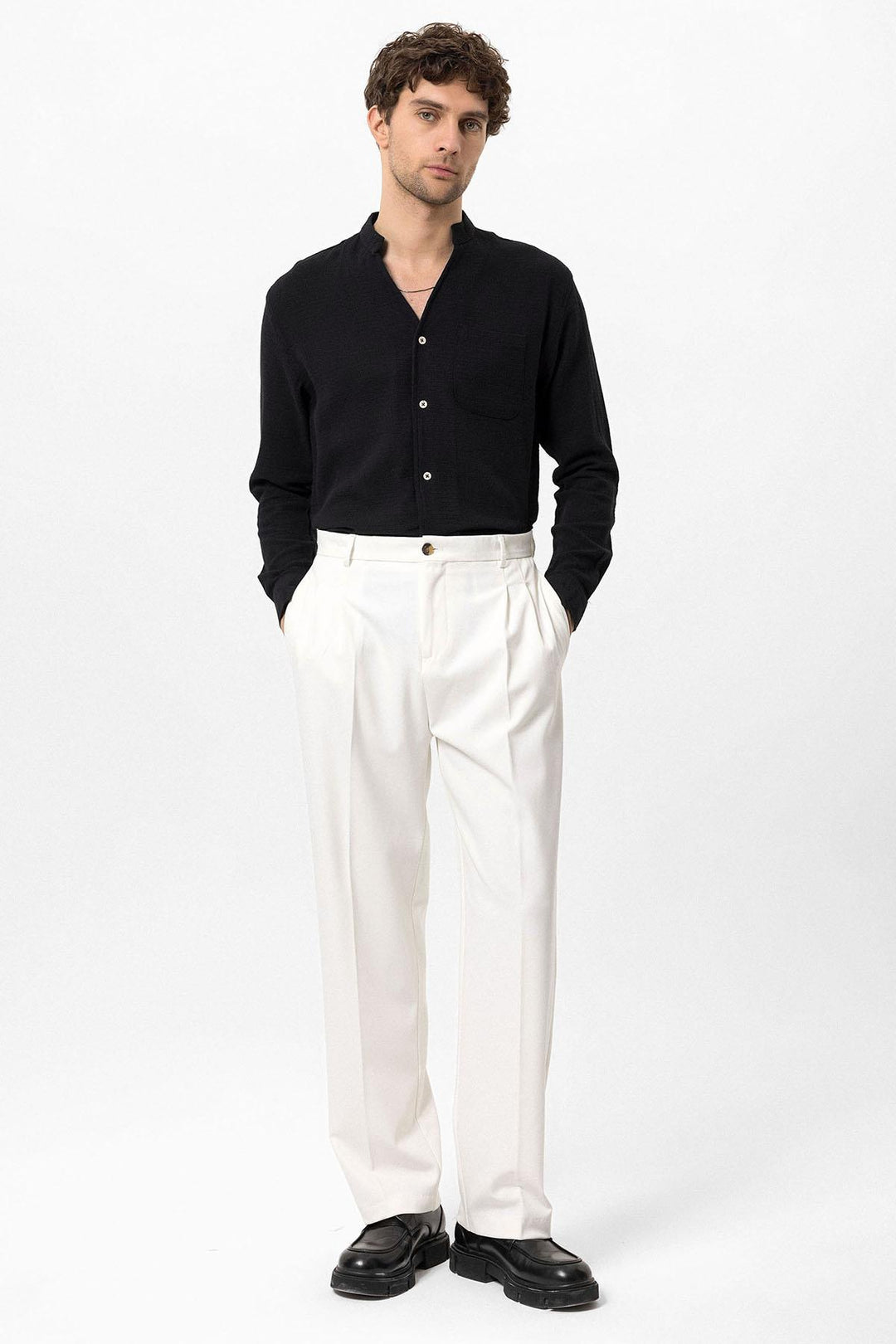 Men's Black Judge Collar Knitted Textured  Shirt - Wessi