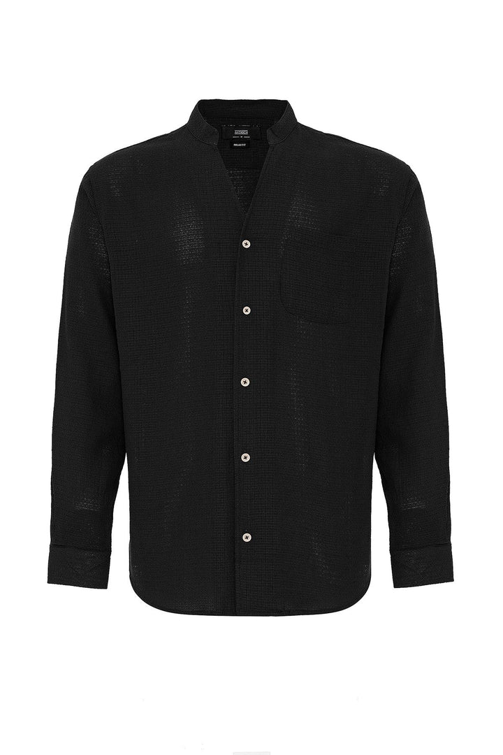 Men's Black Judge Collar Knitted Textured  Shirt - Wessi