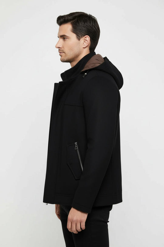 Zippered Sleeve Hooded Black Men Coat - Wessi