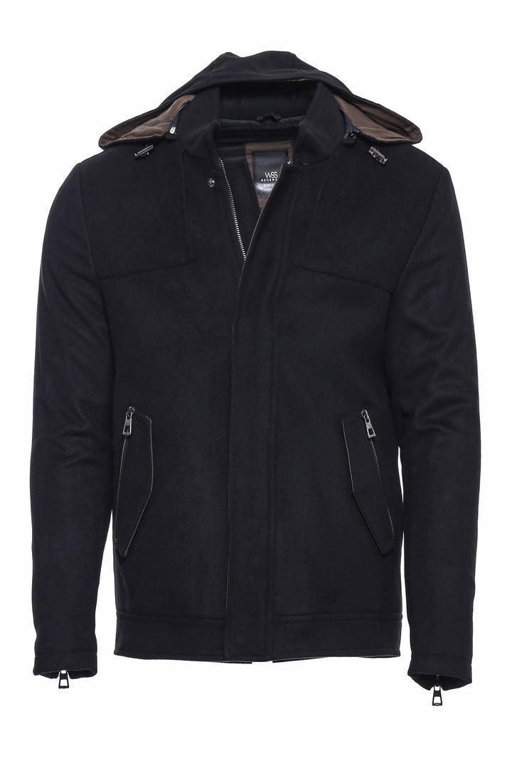 Zippered Sleeve Hooded Black Men Coat - Wessi