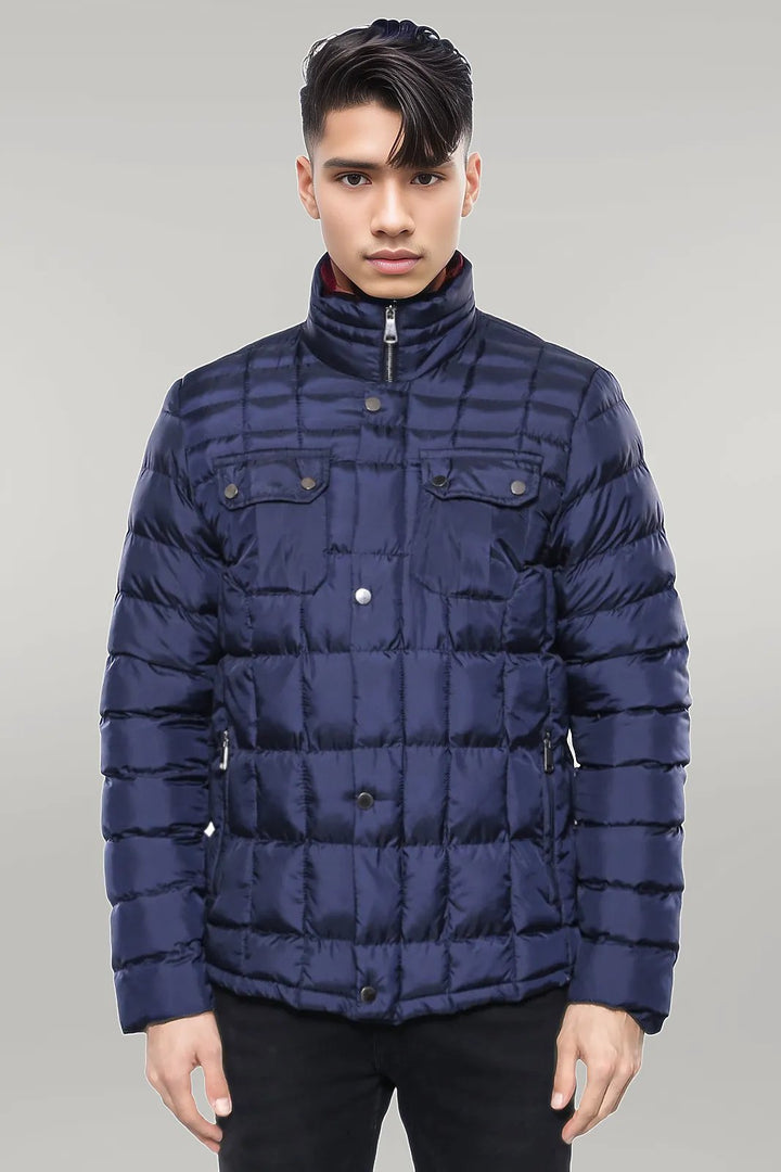 Quilted Navy Blue Men Winter Coat - Wessi