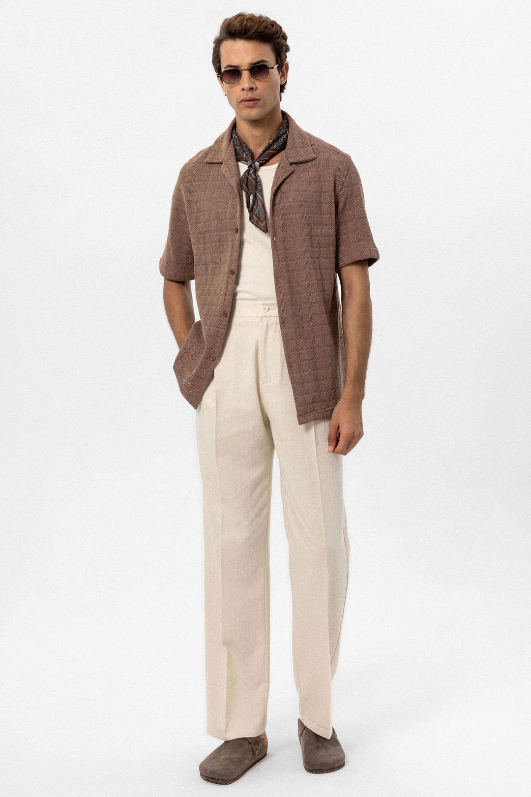 Camisa tejida con cuello camp marrón para hombre - Wessi