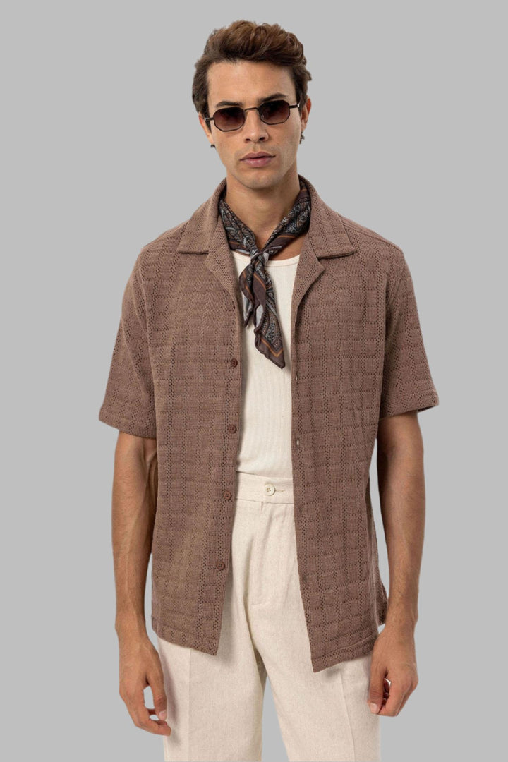 Camisa tejida con cuello camp marrón para hombre - Wessi