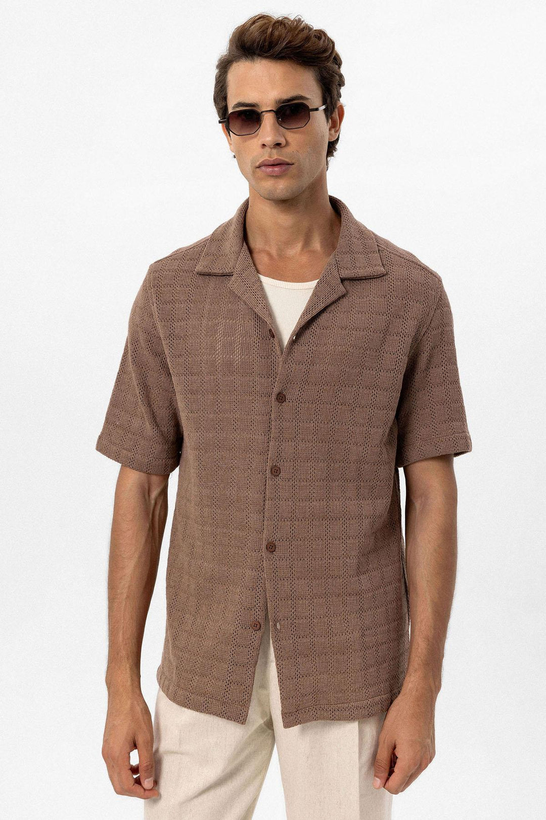 Camisa tejida con cuello camp marrón para hombre - Wessi