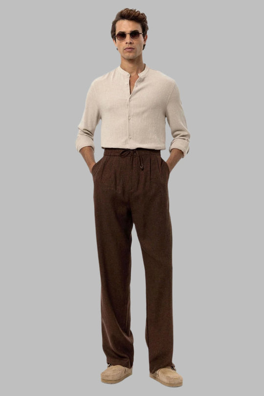 Men's Brown Belted Linen Blend Pants - Wessi Wessi - Discover Diversity Men's Brown Belted Linen Blend Pants - Wessi Wessi - Discover Diversity