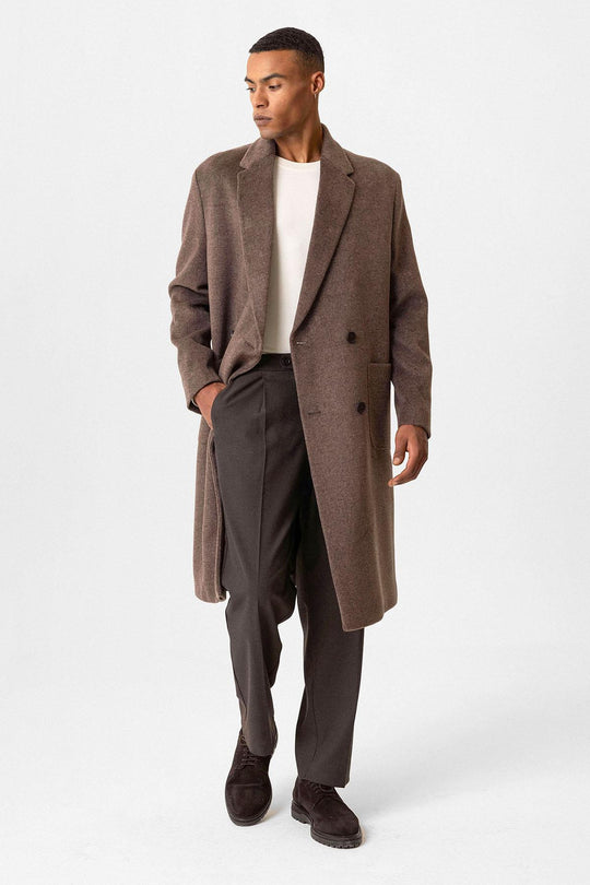 Brown Textured Double-Breasted Men's Coat - Wessi