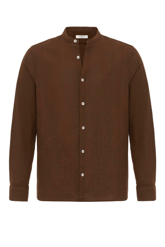 قميص منسوج بياقة ماندارين بني للرجال - ويسي