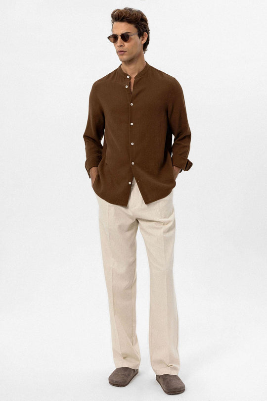 قميص منسوج بياقة ماندارين بني للرجال - ويسي