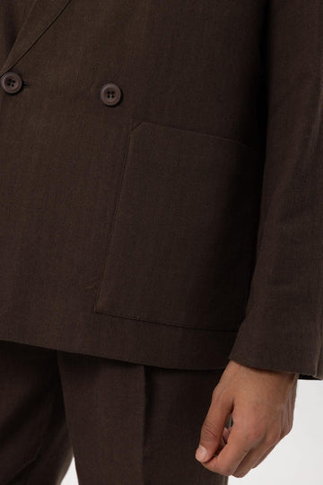 Men's Brown Linen Blend Double-Breasted Jacket - Wessi