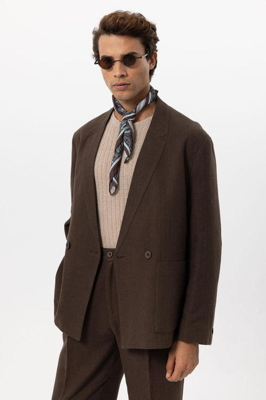 Men's Brown Linen Blend Double-Breasted Jacket - Wessi