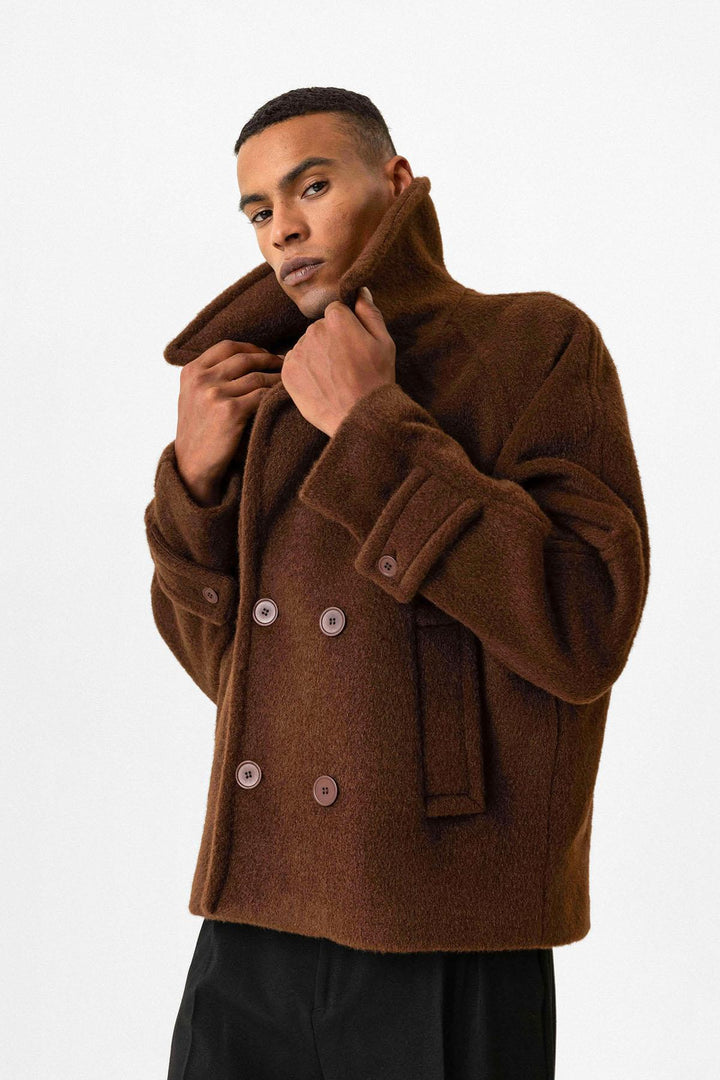 Brown Double-Breasted Crop Fit Men's Jacket - Wessi