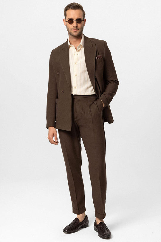 Men's Brown Double-Breasted Linen Blend Jacket - Wessi