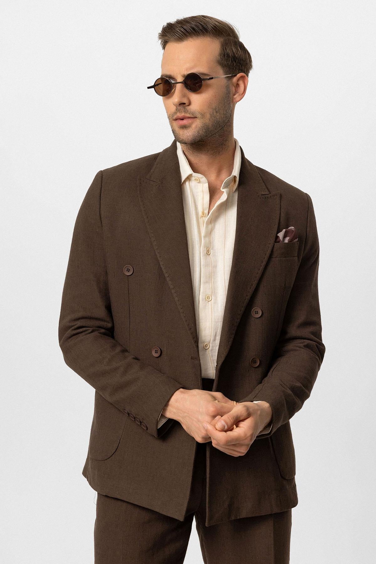 Men's Brown Double-Breasted Linen Blend Jacket - Wessi – Wessi
