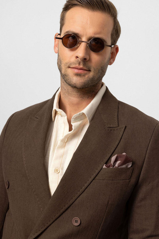 Men's Brown Double-Breasted Linen Blend Jacket - Wessi