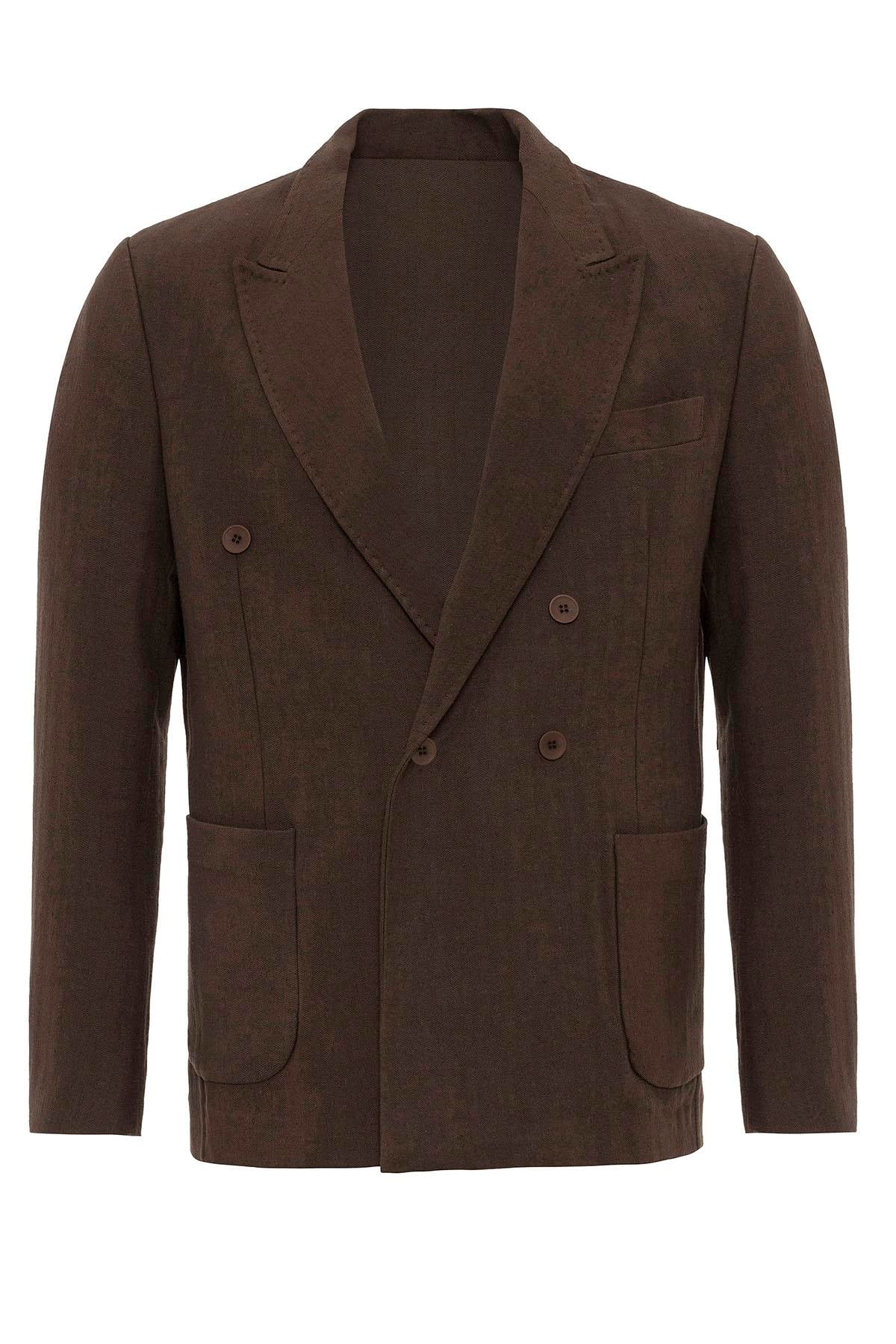 Men's Brown Double-Breasted Linen Blend Jacket - Wessi – Wessi