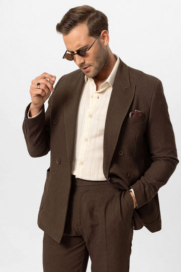 Men's Brown Double-Breasted Linen Blend Jacket - Wessi