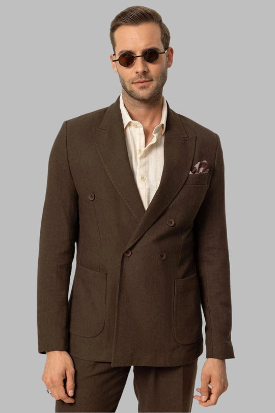 Men's Brown Double-Breasted Linen Blend Jacket - Wessi