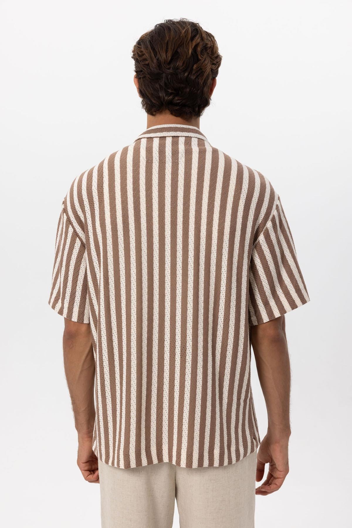 トップス crepuscule Stripe Mesh Knit Shirt Brown Easy Breeze Striped Top — Three Bird Nest