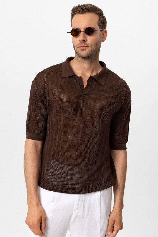 T-Shirt Col Polo Homme Marron en Maille - Wessi