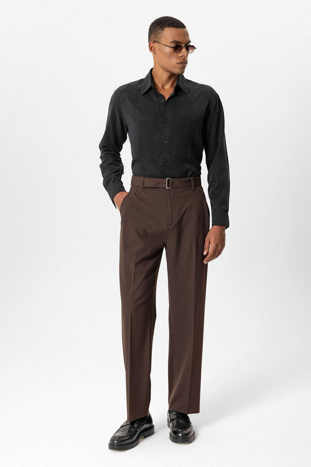Brown Pantaloni da Uomo a Vita Alta con Cintura - Wessi