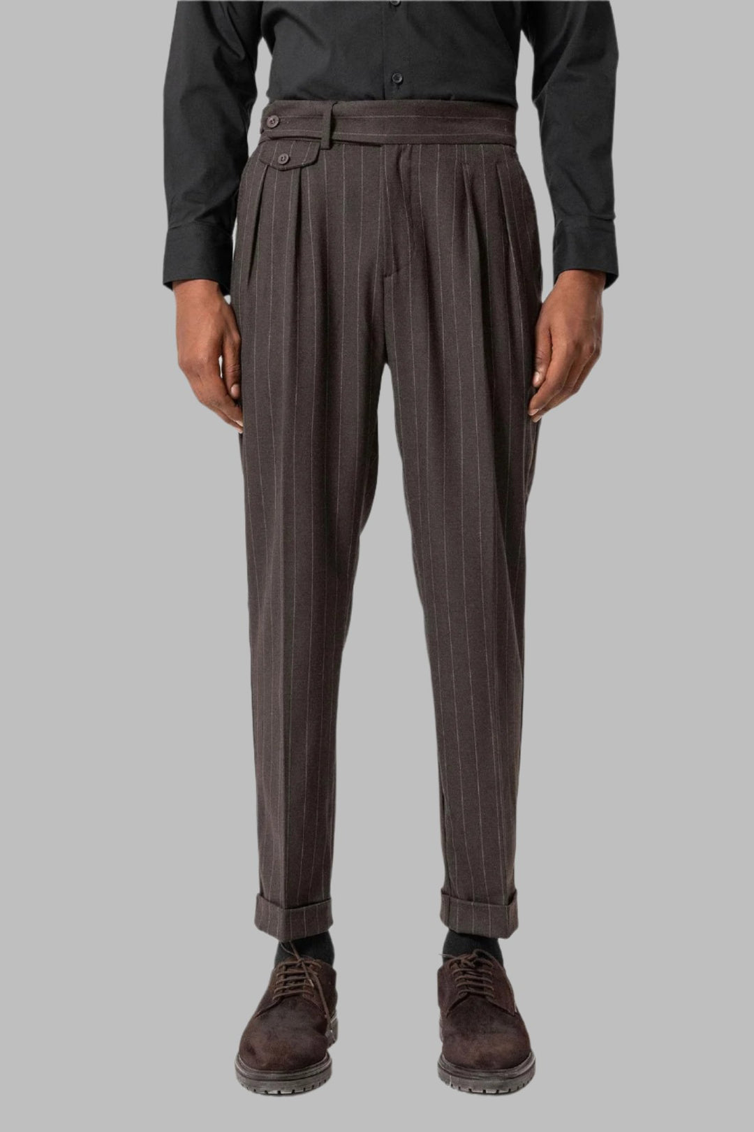Brown Pantaloni a Vita Alta Plissettati a Righe da Uomo - Wessi