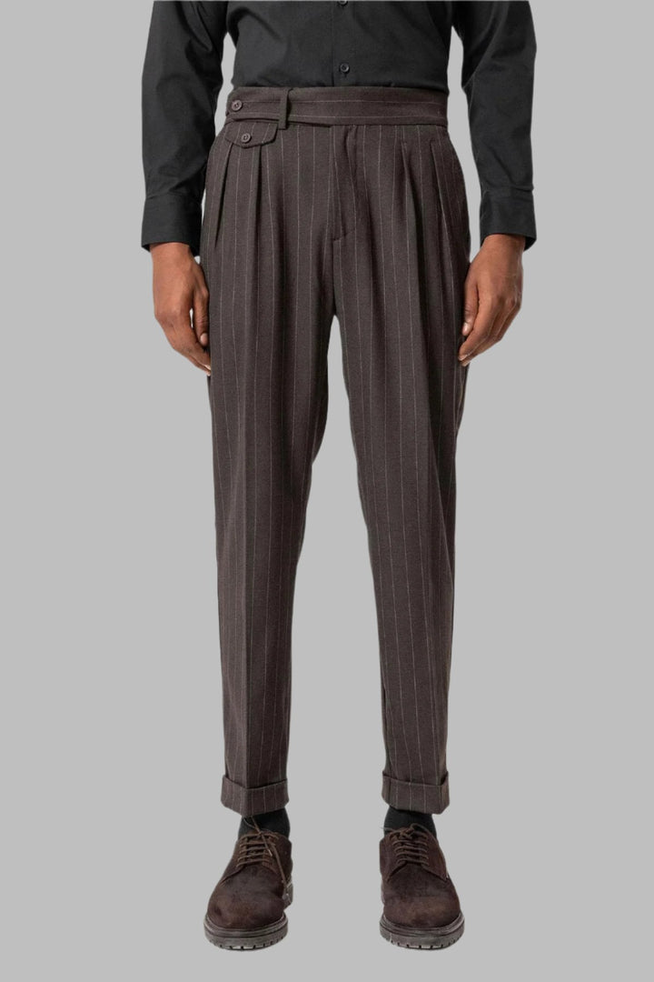 Brown Pantaloni a Vita Alta Plissettati a Righe da Uomo - Wessi