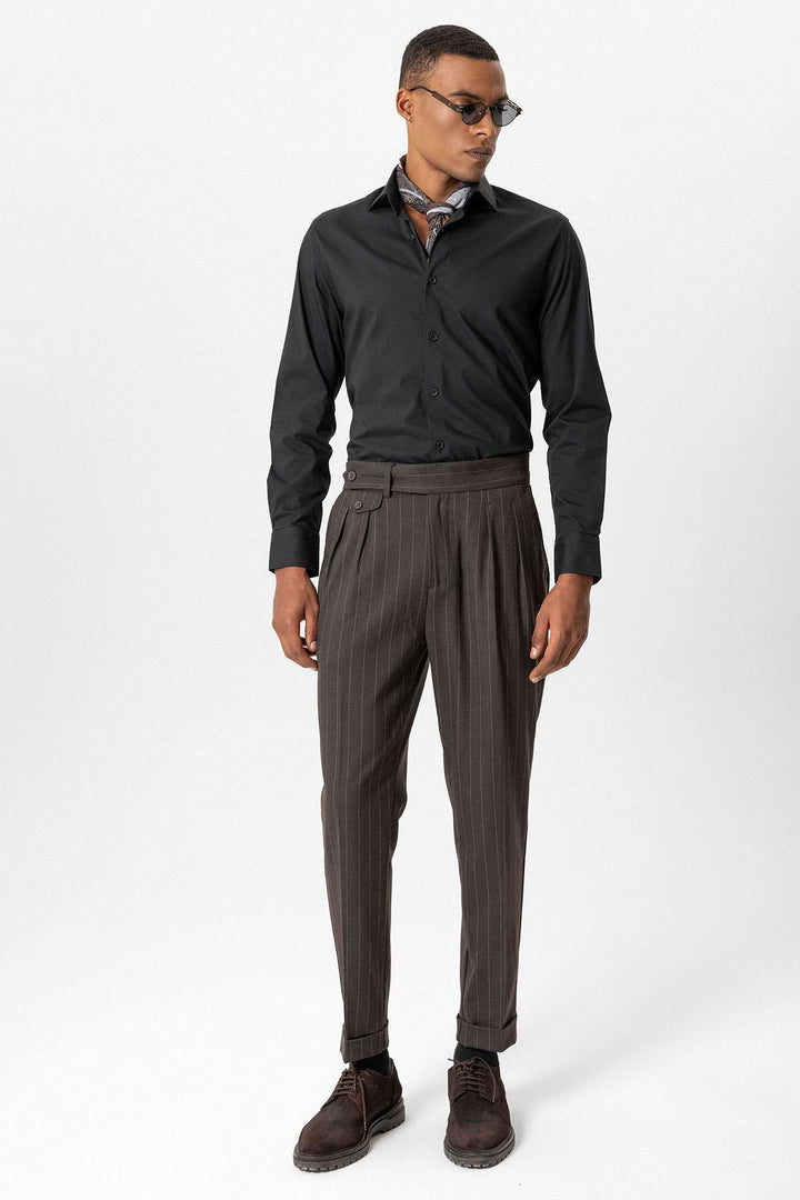 Brown Pantaloni a Vita Alta Plissettati a Righe da Uomo - Wessi