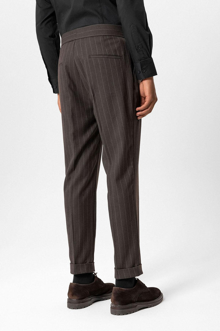 Brown Pantaloni a Vita Alta Plissettati a Righe da Uomo - Wessi
