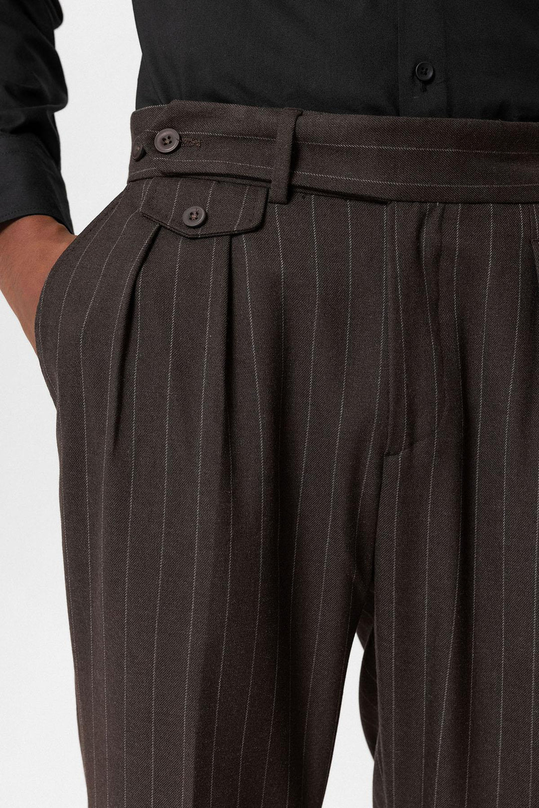 Brown Pantaloni a Vita Alta Plissettati a Righe da Uomo - Wessi