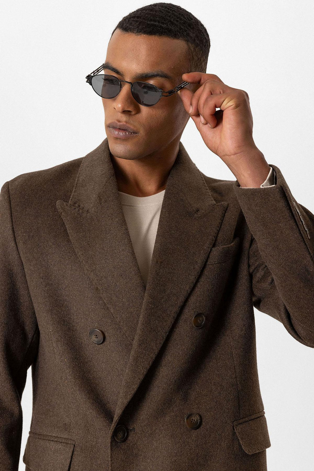 Brown Wool-Blend Double-Breasted Men's Coats - Wessi