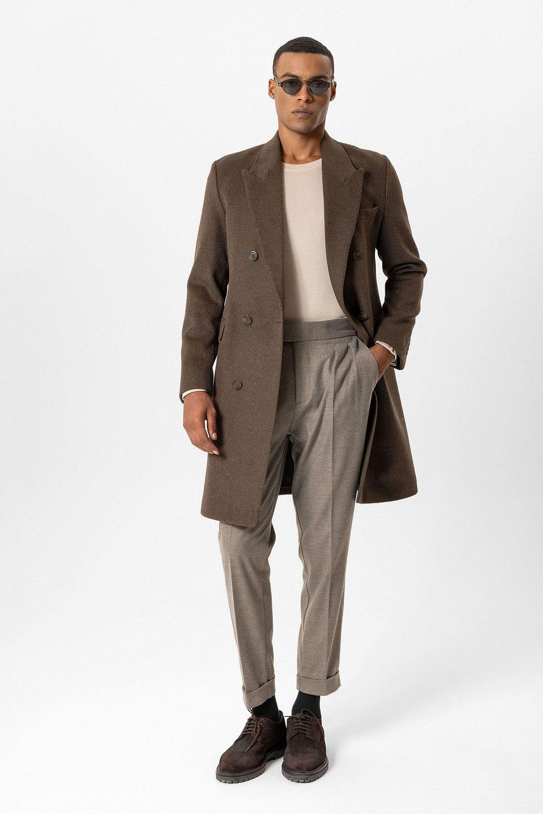 Brown Wool-Blend Double-Breasted Men's Coats - Wessi