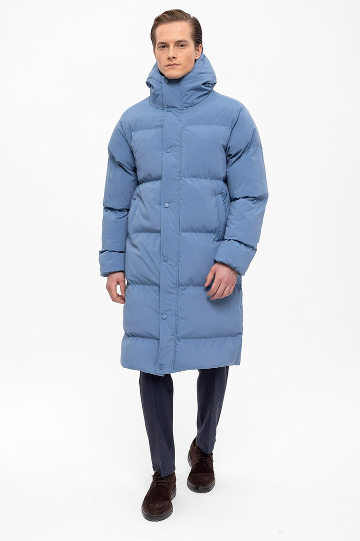 Men's Baby Blue Hooded Long Puffer Jacket - Wessi