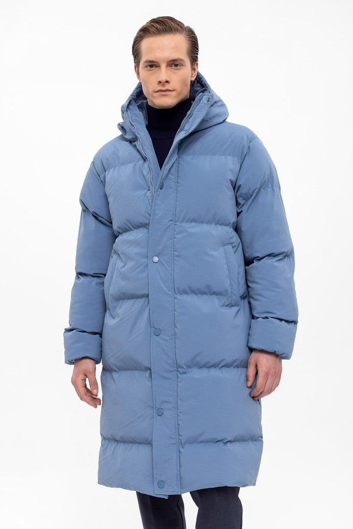 Men's Baby Blue Hooded Long Puffer Jacket - Wessi