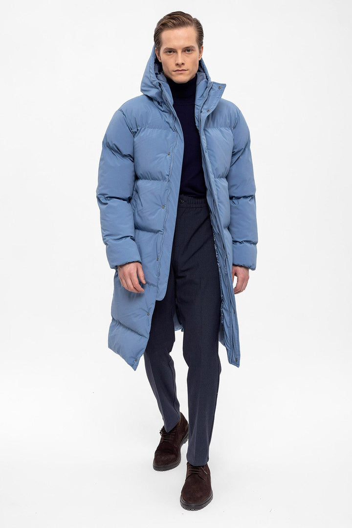 Men's Baby Blue Hooded Long Puffer Jacket - Wessi