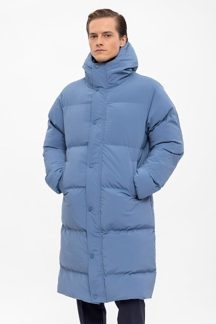 Men's Baby Blue Hooded Long Puffer Jacket - Wessi
