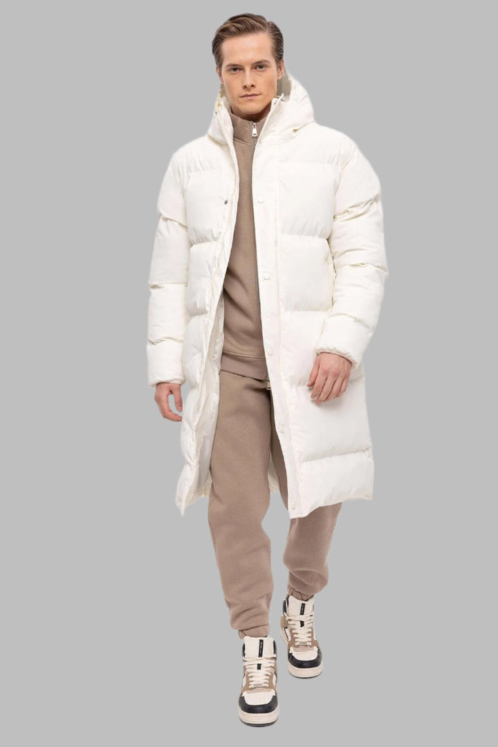 Men's Ecru Hooded Long Puffer Jacket - Wessi