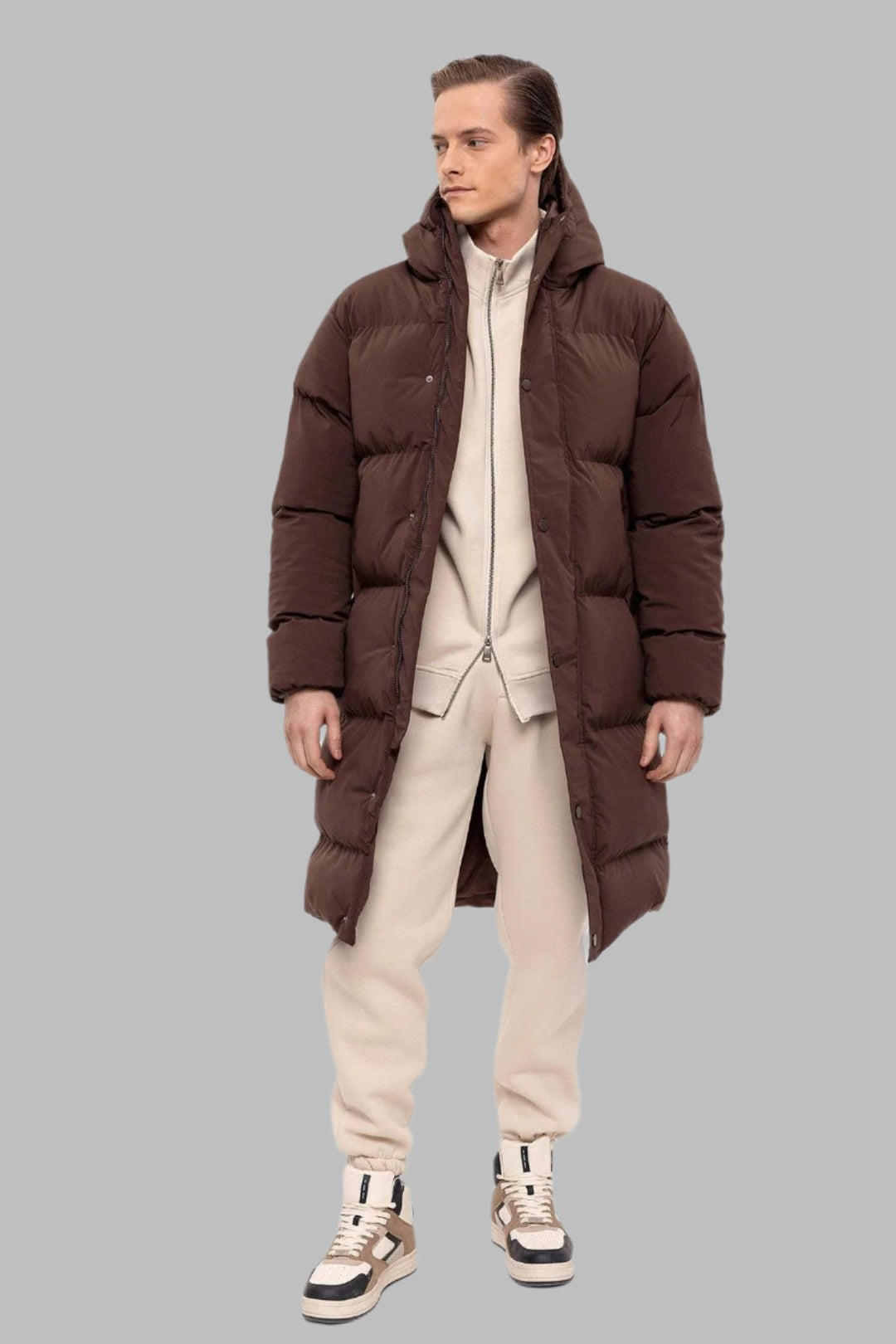 Men's Brown Hooded Long Puffer Jacket - Wessi