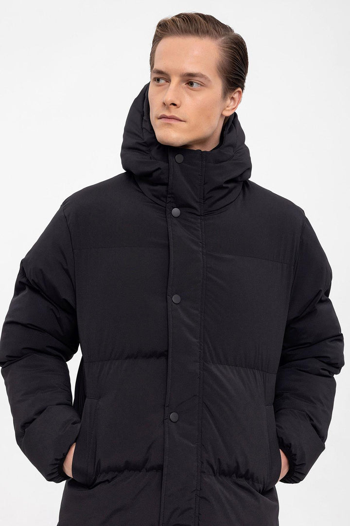 Men's Black Hooded Long Puffer Jacket - Wessi