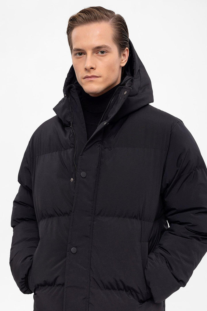 Men's Black Hooded Long Puffer Jacket - Wessi
