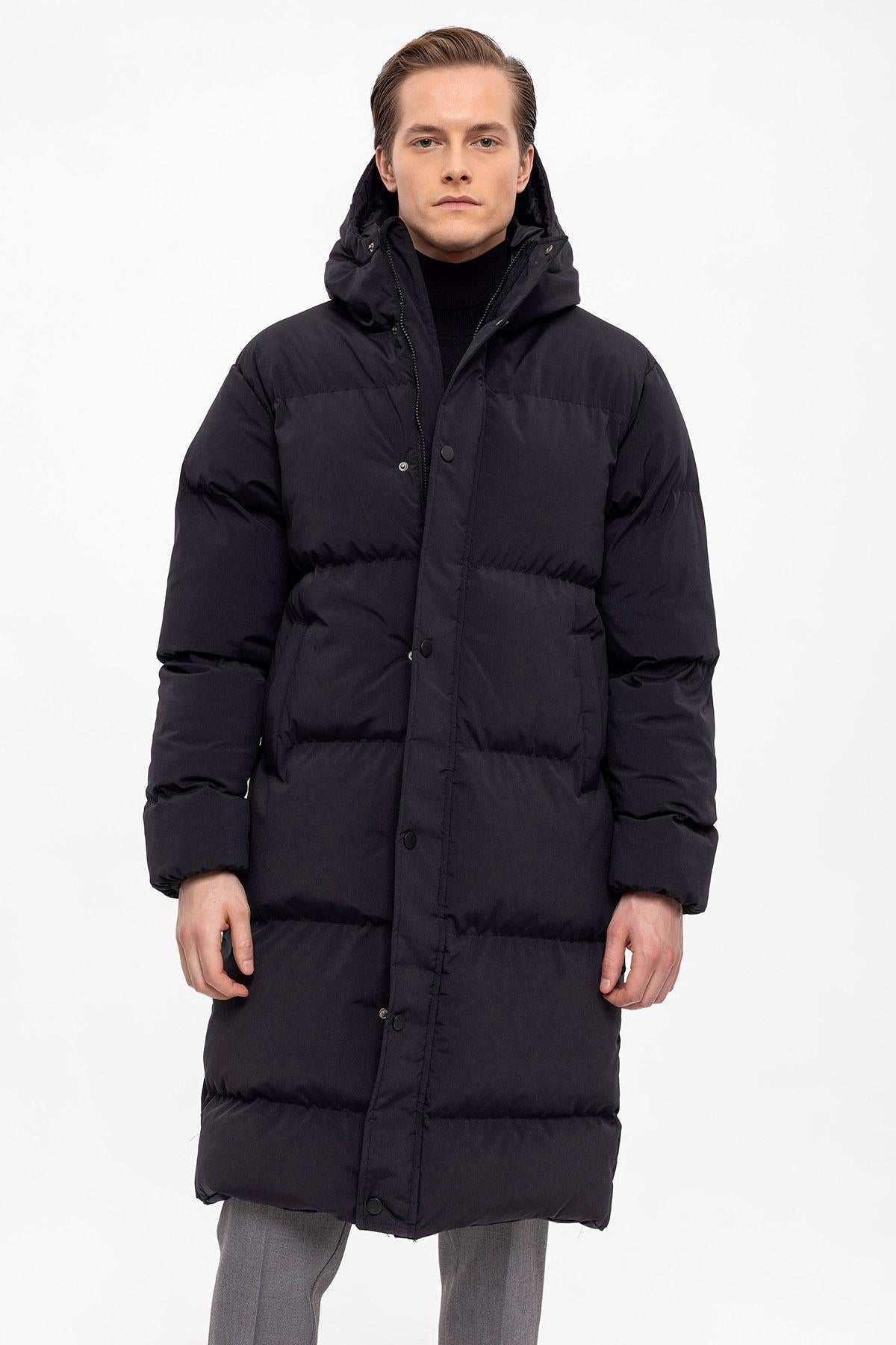 Men's Black Hooded Long Puffer Jacket - Wessi