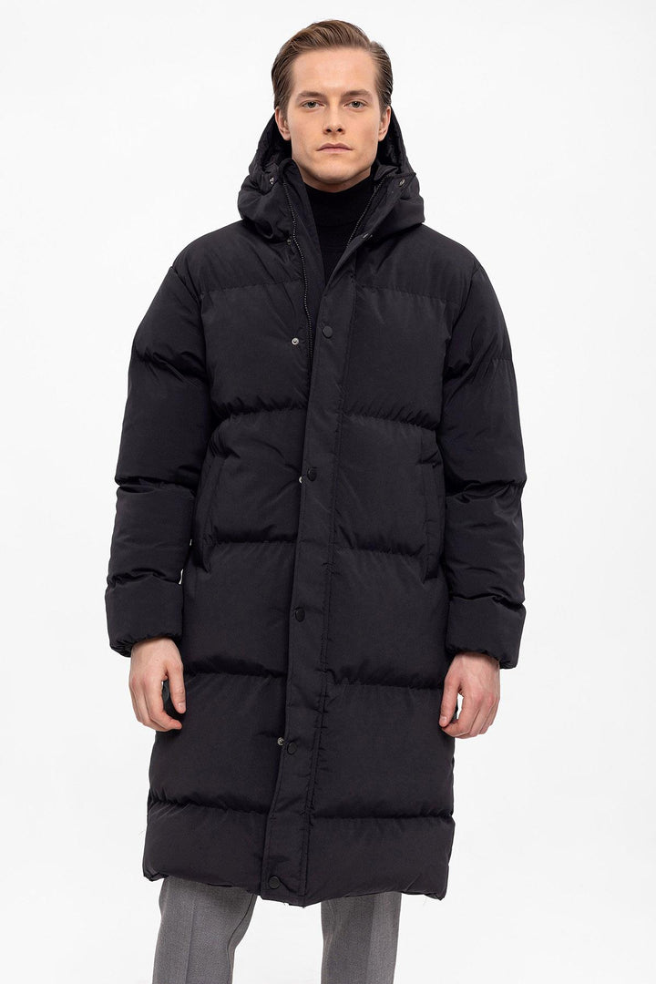 Men's Black Hooded Long Puffer Jacket - Wessi