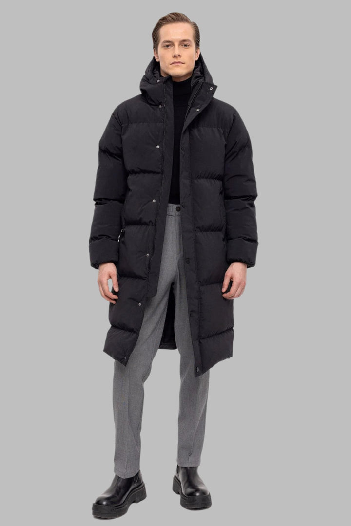 Men's Black Hooded Long Puffer Jacket - Wessi